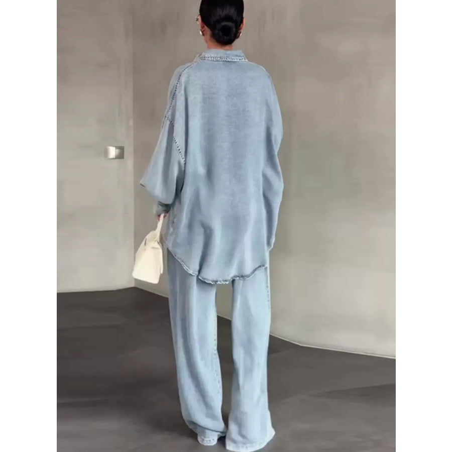 Wash Button Up Shirt and Wide-Leg Pants Denim Set Apparel and Accessories
