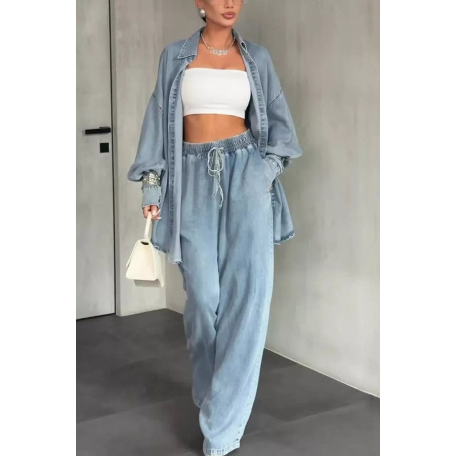 Wash Button Up Shirt and Wide-Leg Pants Denim Set Apparel and Accessories