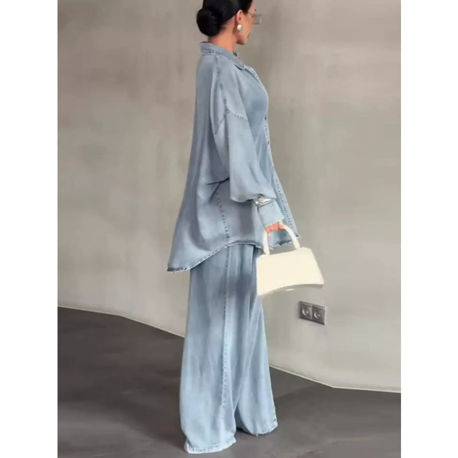 Wash Button Up Shirt and Wide-Leg Pants Denim Set Apparel and Accessories