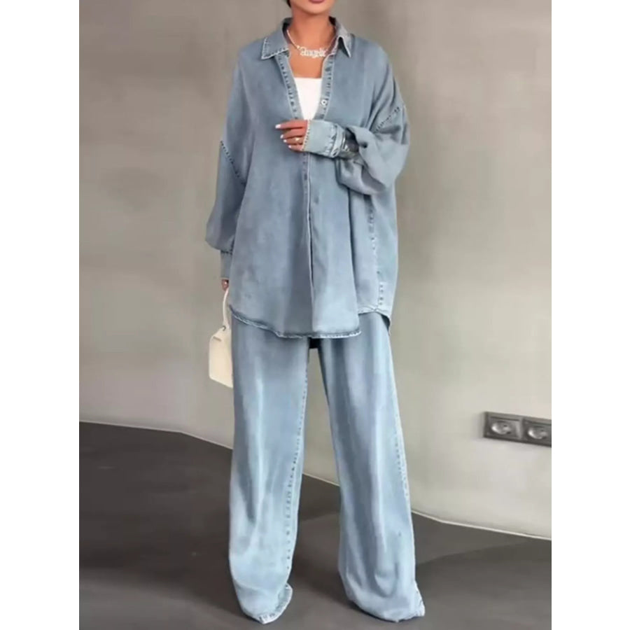 Wash Button Up Shirt and Wide-Leg Pants Denim Set Light Blue / XS Apparel and Accessories
