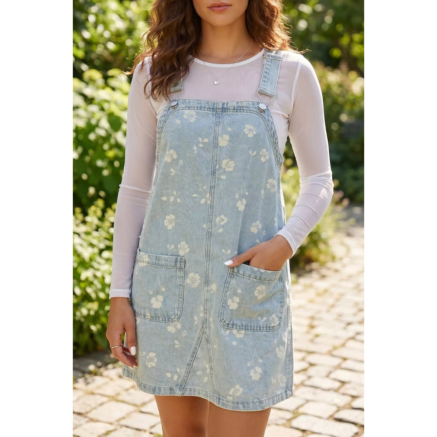 Wash Denim Floral Print Overall Mini Dress Apparel and Accessories