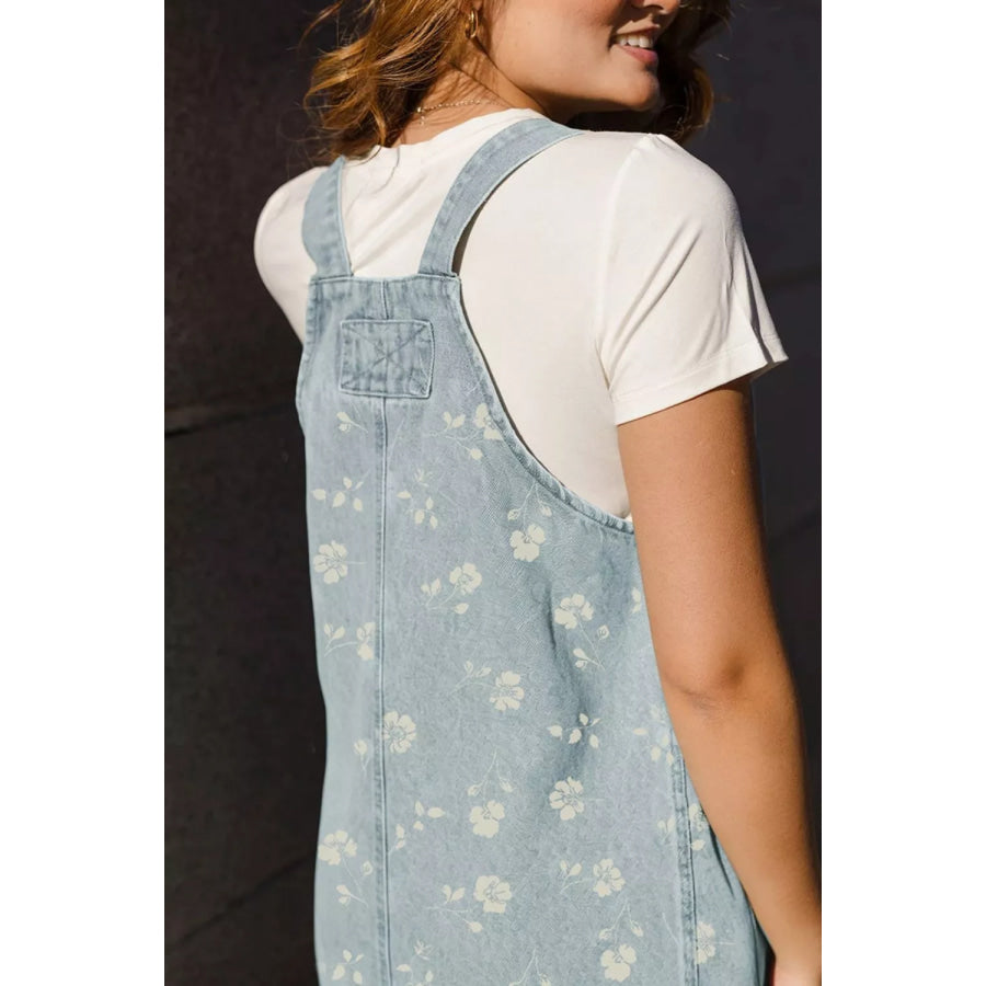 Wash Denim Floral Print Overall Mini Dress Apparel and Accessories