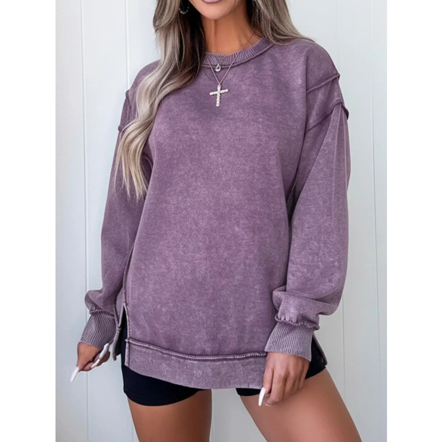 Wash Slit Round Neck Oversized Sweatshirt Apparel and Accessories