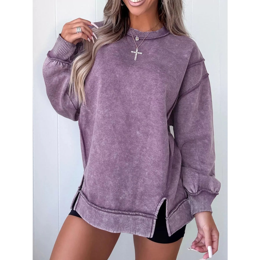 Wash Slit Round Neck Oversized Sweatshirt Mauve / S Apparel and Accessories