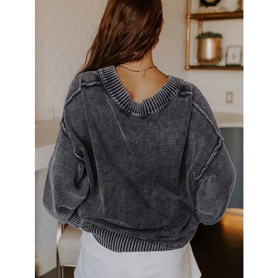Wash V-Neck Long Sleeve Sweater Apparel and Accessories
