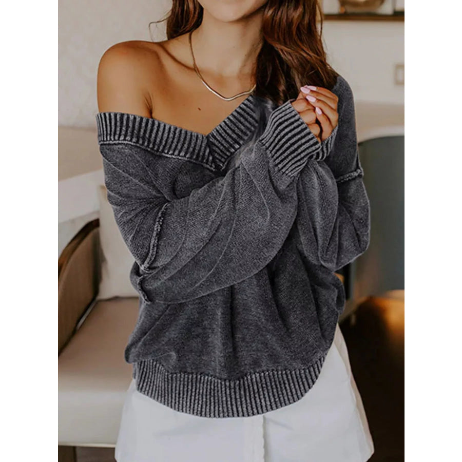 Wash V-Neck Long Sleeve Sweater Apparel and Accessories