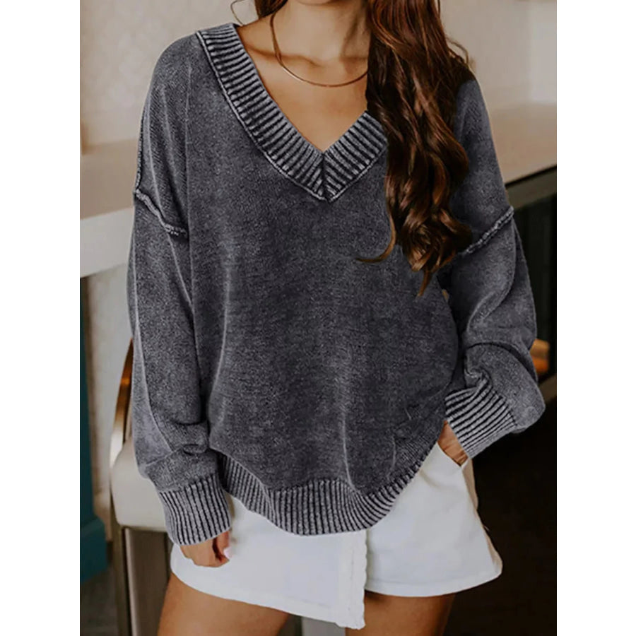 Wash V-Neck Long Sleeve Sweater Apparel and Accessories