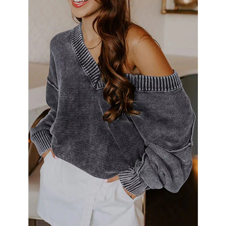 Wash V-Neck Long Sleeve Sweater Dark Gray / S Apparel and Accessories