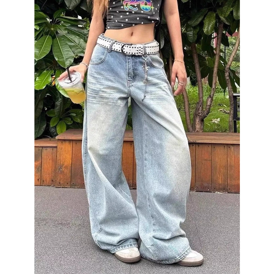 Wash Wide-Leg Baggy Jeans Blue / S Apparel and Accessories