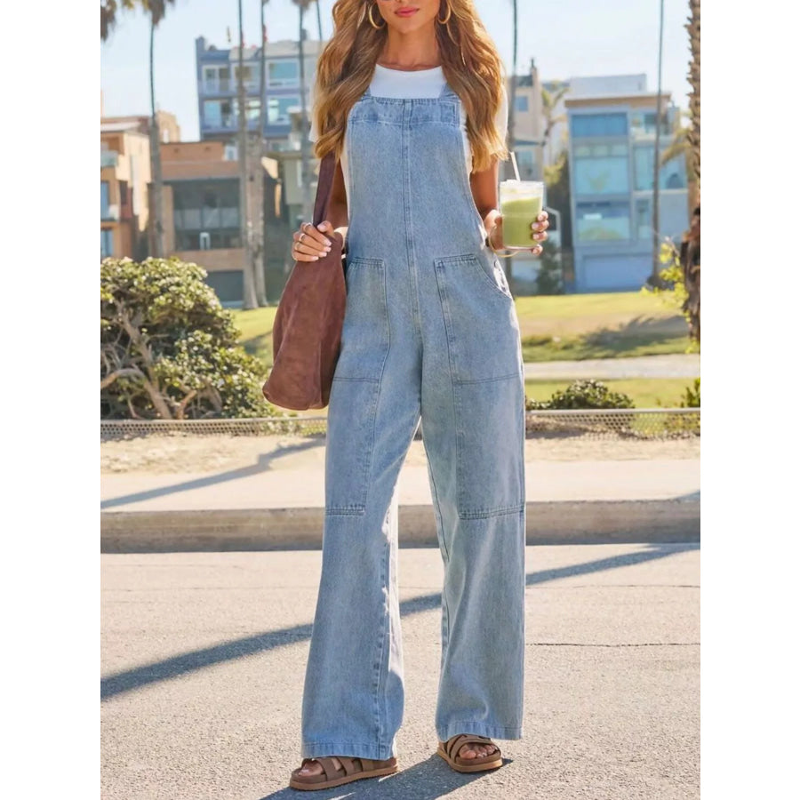 Wash Wide-Leg Denim Overalls Light Blue / S Apparel and Accessories