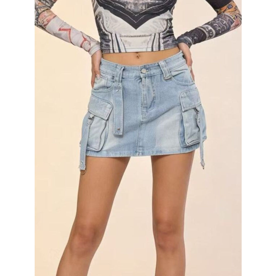 Washed Cargo Denim Skirt Sky Blue / S Apparel and Accessories