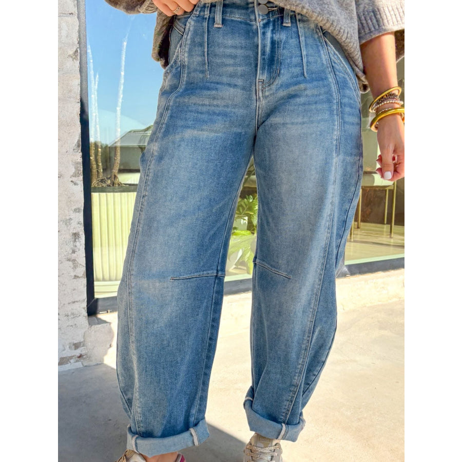 Washed Cuffed Barrel Jeans Apparel and Accessories