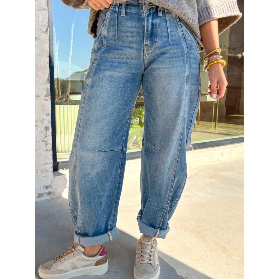 Washed Cuffed Barrel Jeans Apparel and Accessories