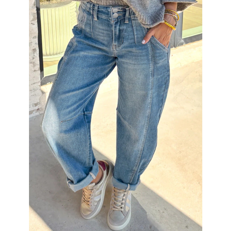 Washed Cuffed Barrel Jeans Apparel and Accessories