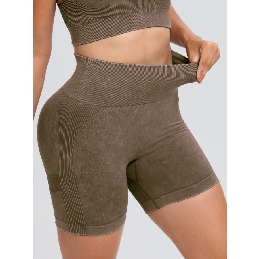 Washed High Waist Active Shorts Coffee Brown / S Apparel and Accessories