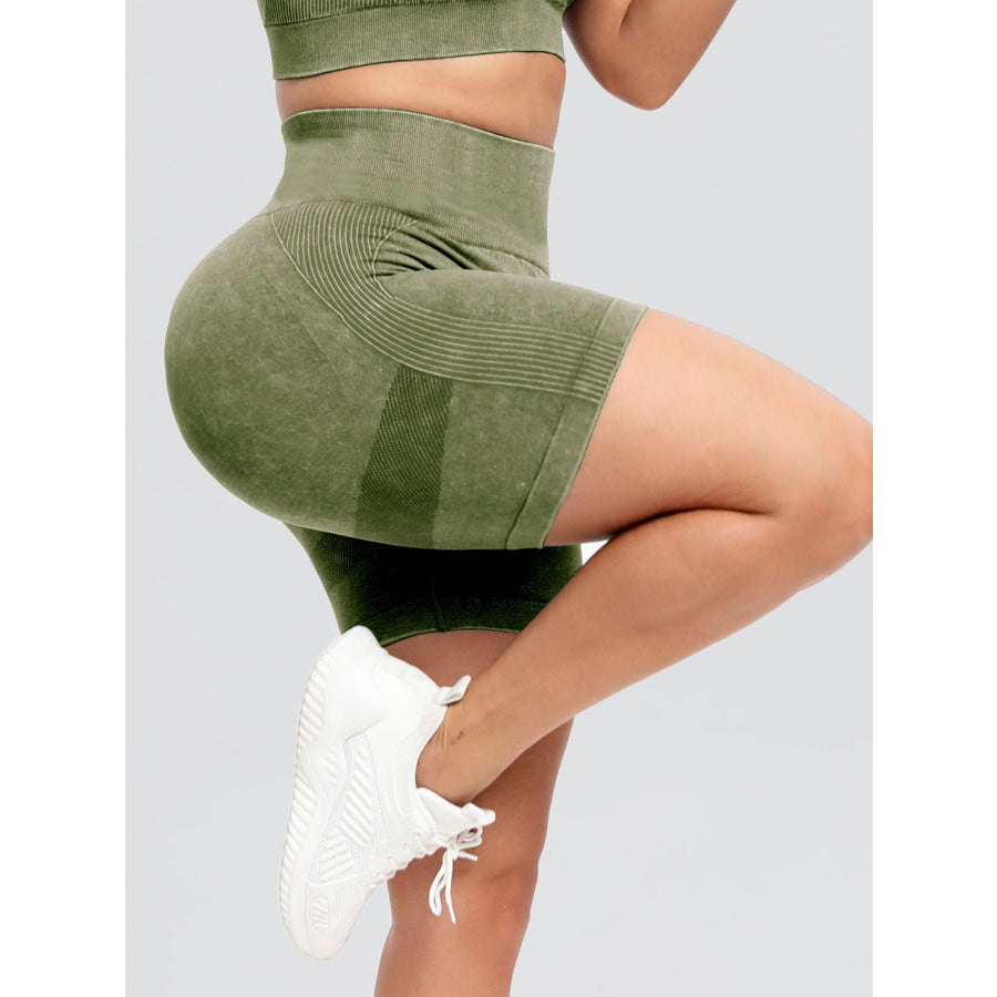 Washed High Waist Active Shorts Yellow-Green / S Apparel and Accessories