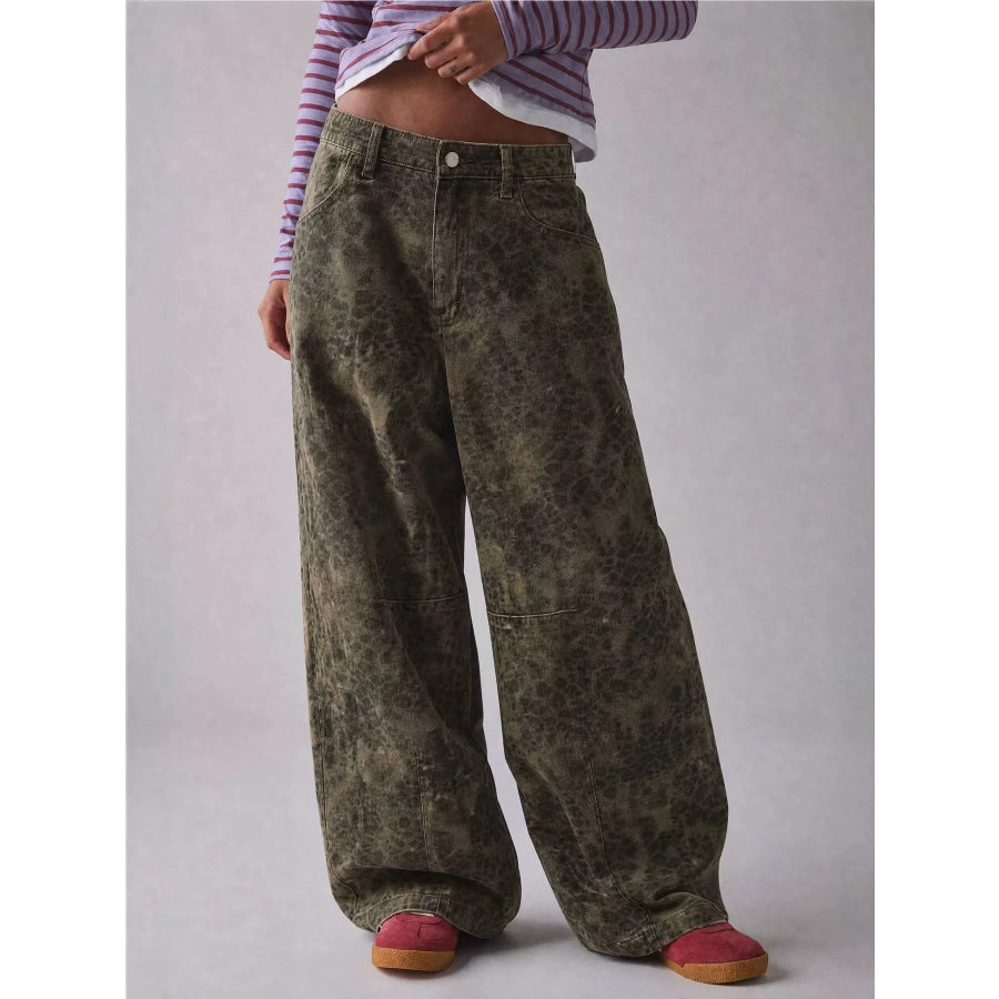 Washed High-Waist Wide-Leg Jeans Olive Brown / S Apparel and Accessories