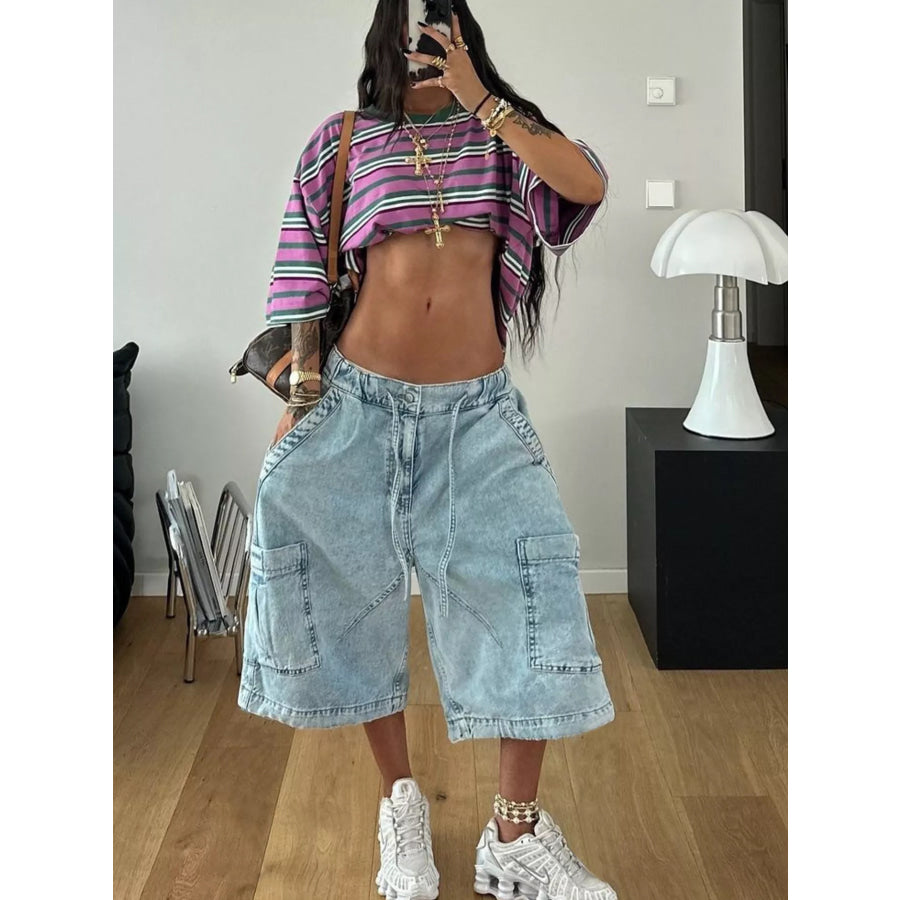 Washed Multi‑Pocket Cargo Loose Fit Capri Jeans Apparel and Accessories