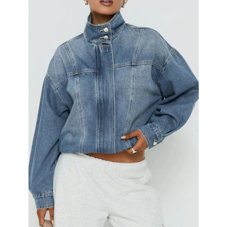Washed Stand-Up Collar Denim Jacket Apparel and Accessories