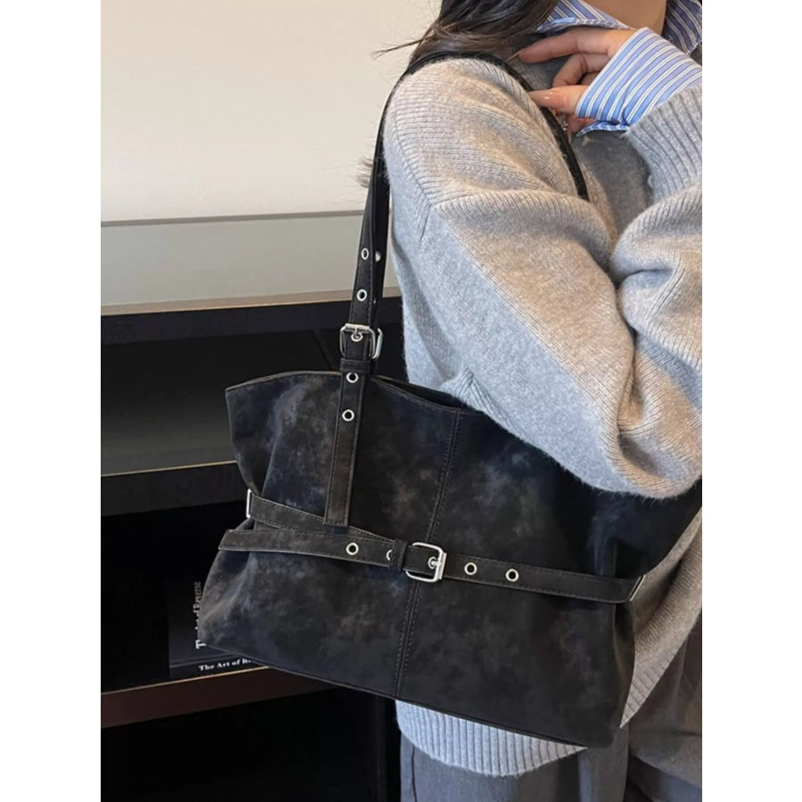 Washed Suede Buckle Detail Tote Bag Black / onesize Apparel and Accessories