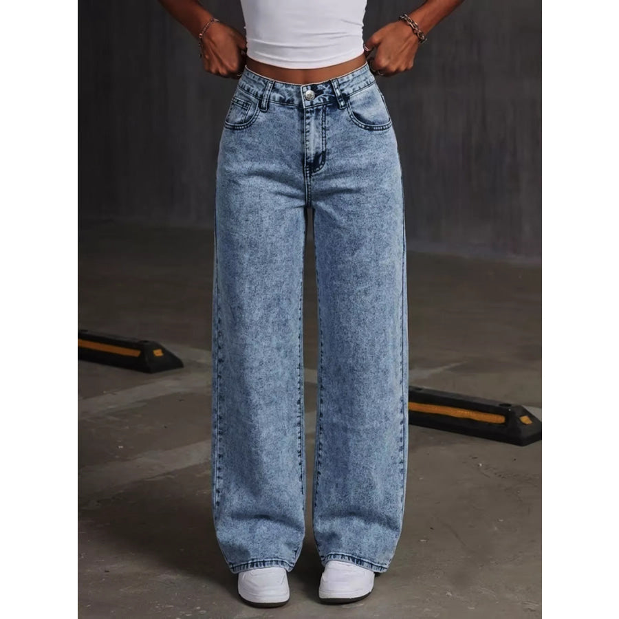 Washed Wide Leg Jeans with Embroidered Bow Detail Apparel and Accessories