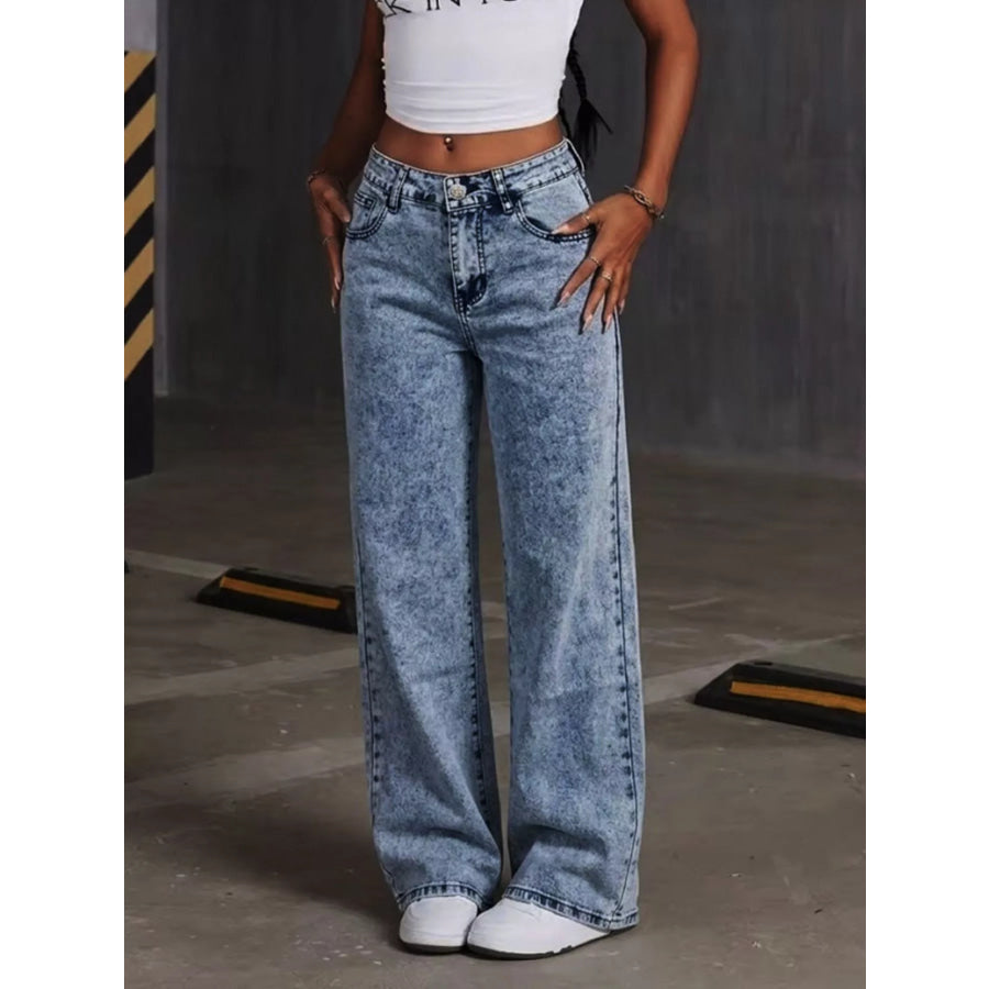 Washed Wide Leg Jeans with Embroidered Bow Detail Apparel and Accessories