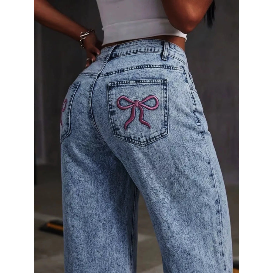 Washed Wide Leg Jeans with Embroidered Bow Detail Apparel and Accessories