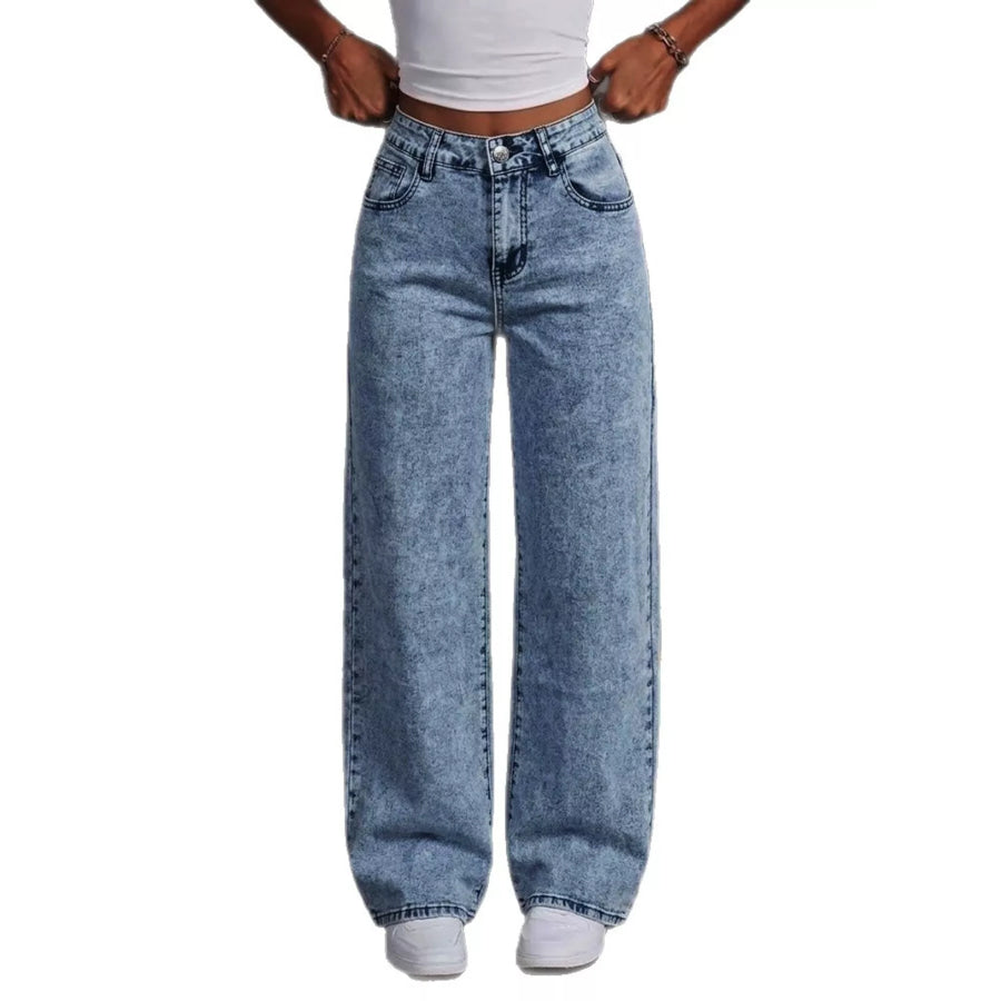 Washed Wide Leg Jeans with Embroidered Bow Detail Apparel and Accessories