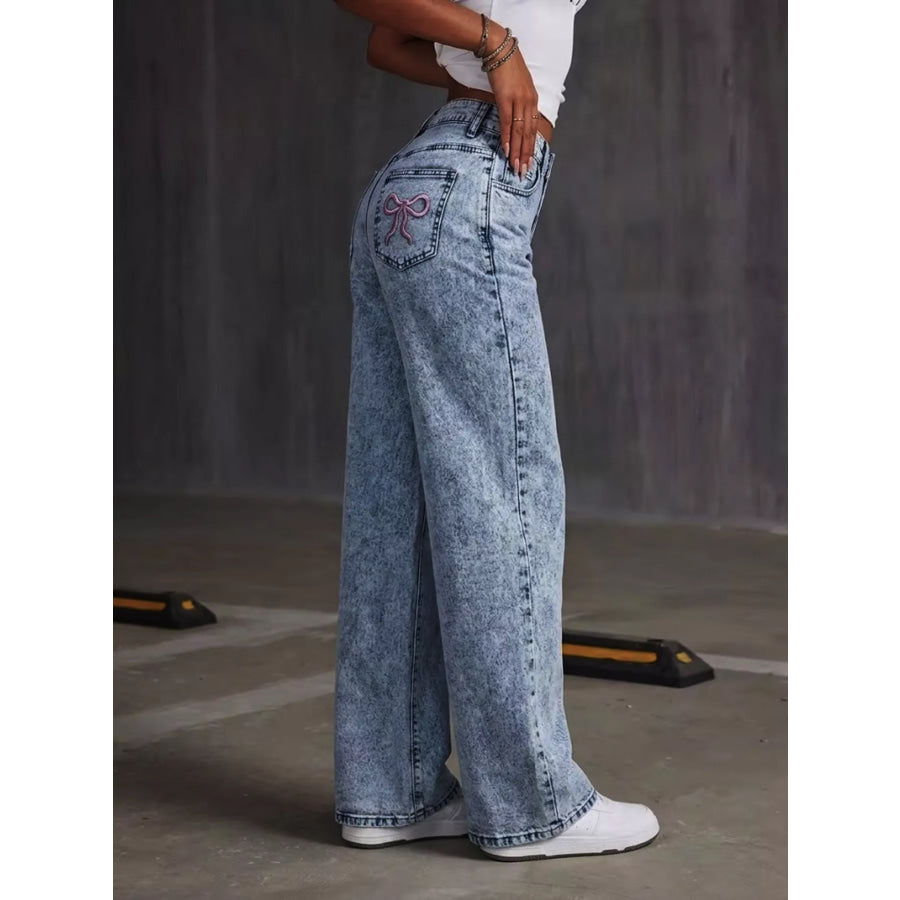 Washed Wide Leg Jeans with Embroidered Bow Detail Apparel and Accessories