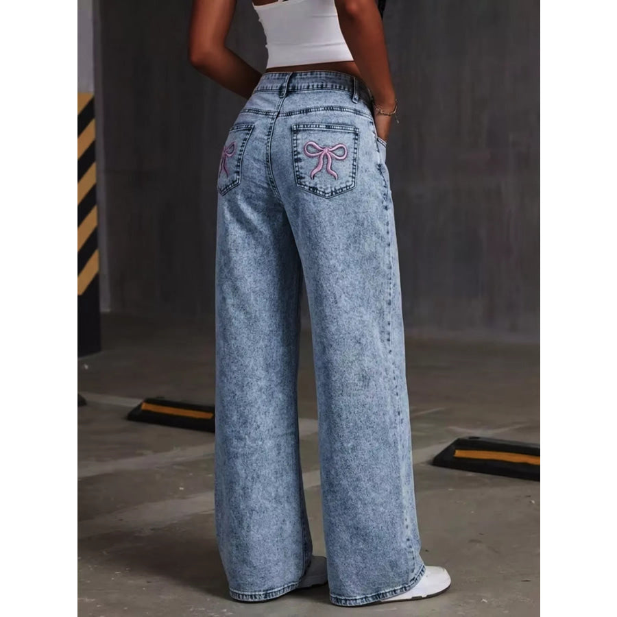 Washed Wide Leg Jeans with Embroidered Bow Detail Dusty Blue / S Apparel and Accessories