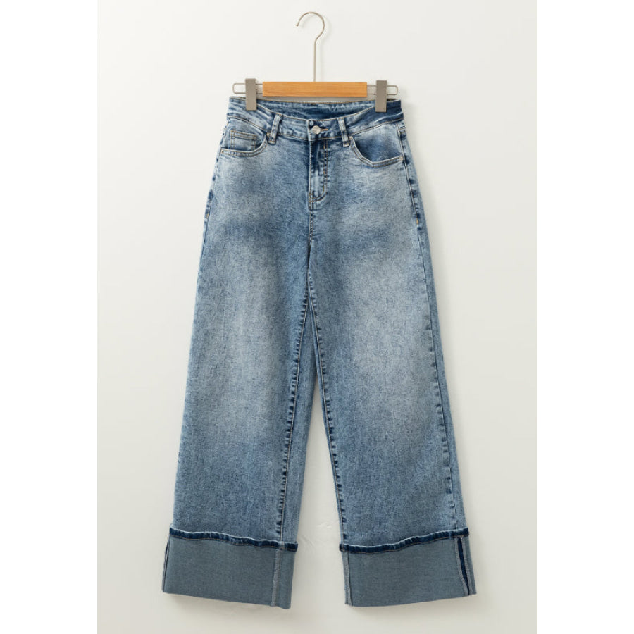 Washed Wide Leg Jeans with Pockets Apparel and Accessories