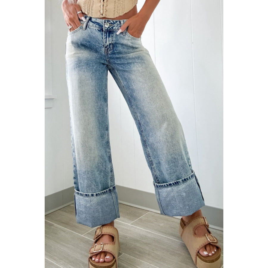 Washed Wide Leg Jeans with Pockets Apparel and Accessories