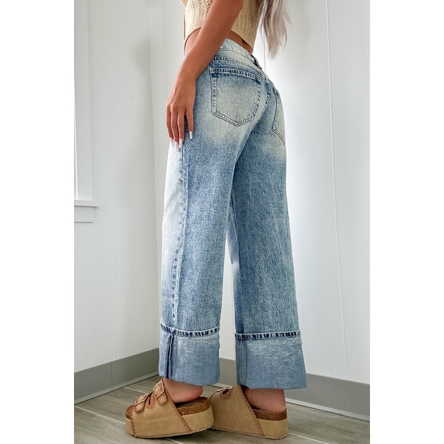 Washed Wide Leg Jeans with Pockets Apparel and Accessories