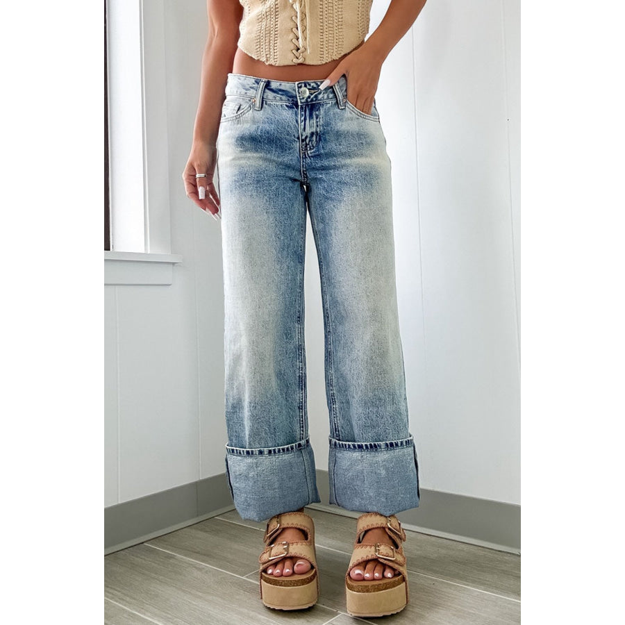 Washed Wide Leg Jeans with Pockets Apparel and Accessories