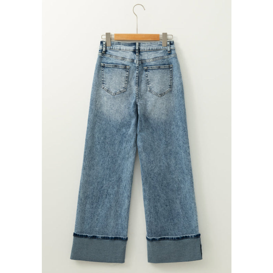 Washed Wide Leg Jeans with Pockets Apparel and Accessories