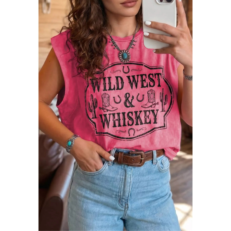 Washed Wild West Whiskey Print Sleeveless Muscle Top Apparel and Accessories
