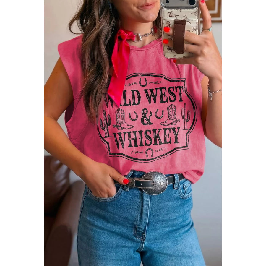 Washed Wild West Whiskey Print Sleeveless Muscle Top Deep Rose / S Apparel and Accessories