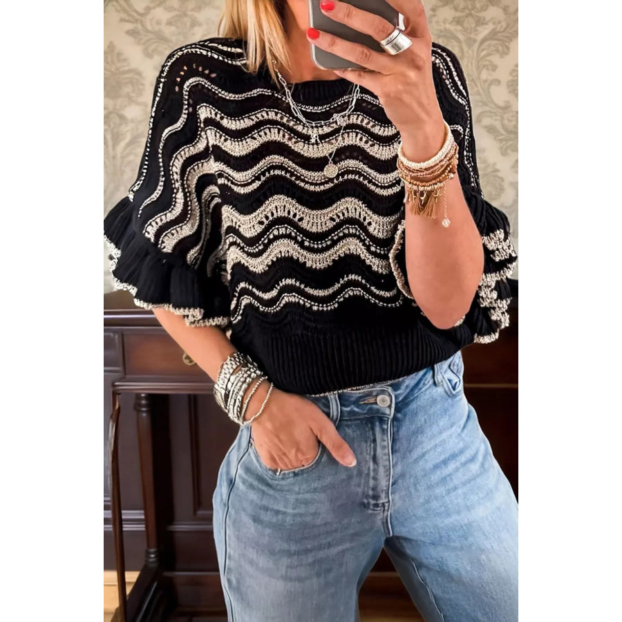 Wave Pattern Ruffle Sleeve Sweater Apparel and Accessories