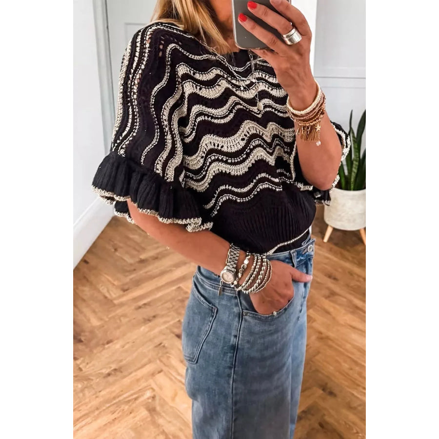 Wave Pattern Ruffle Sleeve Sweater Apparel and Accessories