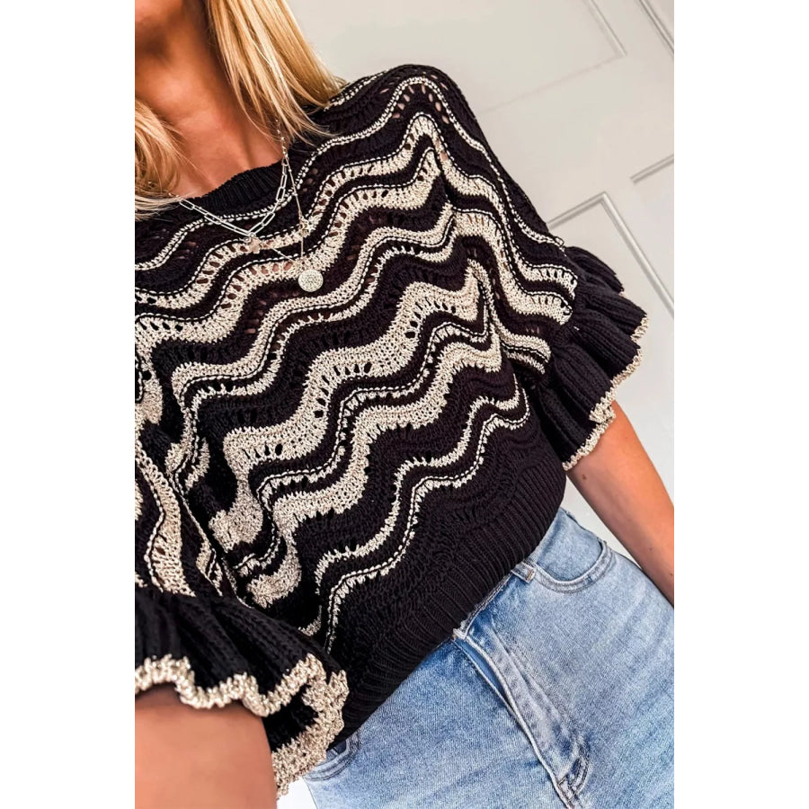 Wave Pattern Ruffle Sleeve Sweater Apparel and Accessories