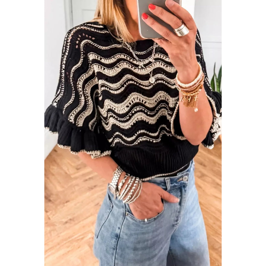 Wave Pattern Ruffle Sleeve Sweater Apparel and Accessories