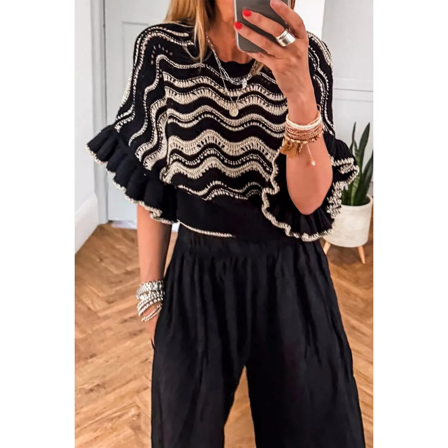 Wave Pattern Ruffle Sleeve Sweater Black / S Apparel and Accessories