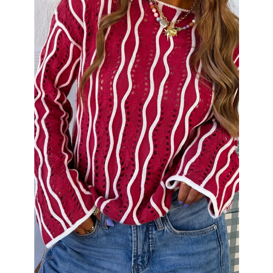 Wavy Detail Hollow Out Knit Long Sleeve Cotton Pullover Sweater Apparel and Accessories