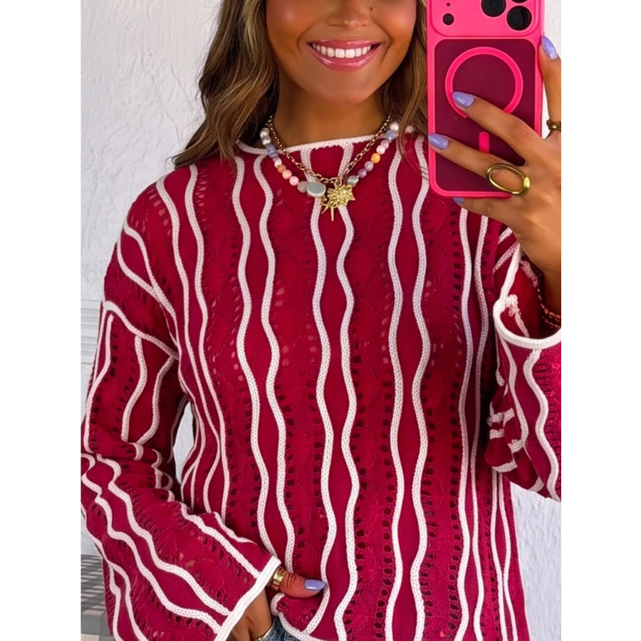 Wavy Detail Hollow Out Knit Long Sleeve Cotton Pullover Sweater Apparel and Accessories