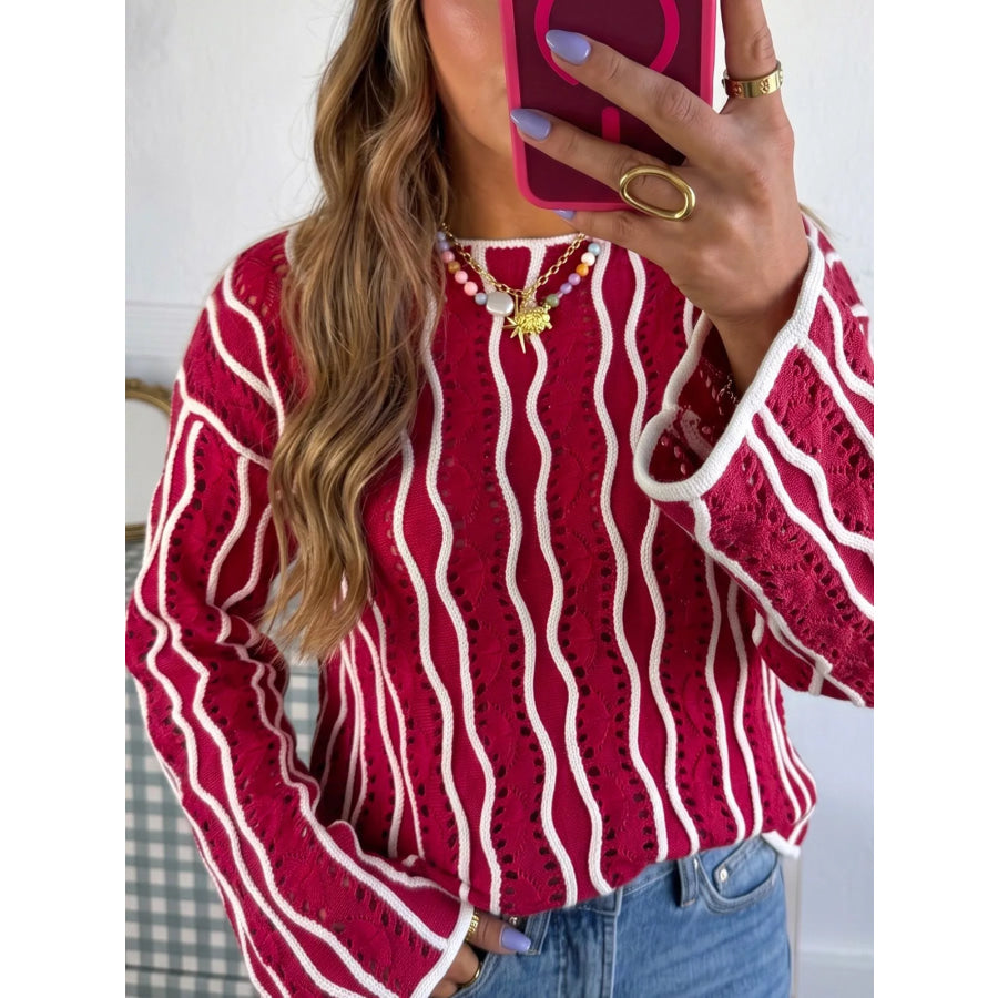 Wavy Detail Hollow Out Knit Long Sleeve Cotton Pullover Sweater Apparel and Accessories