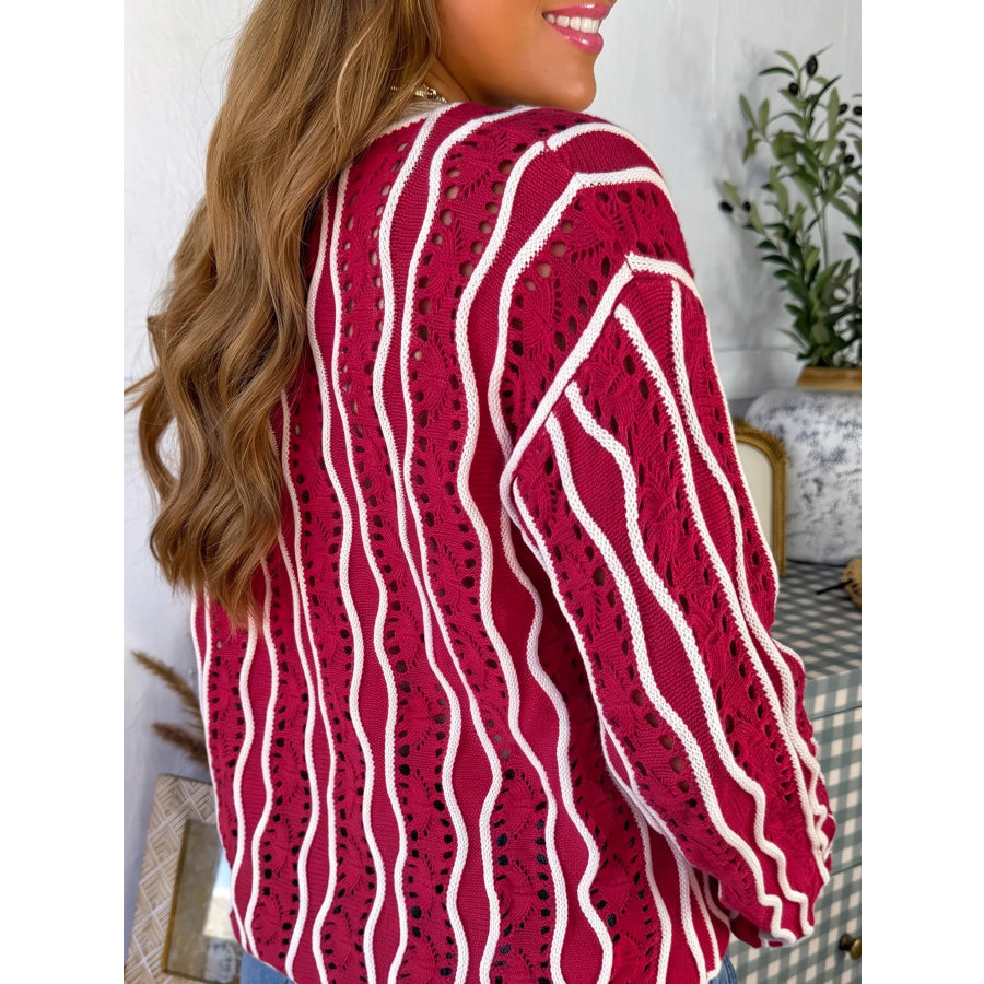 Wavy Detail Hollow Out Knit Long Sleeve Cotton Pullover Sweater Apparel and Accessories