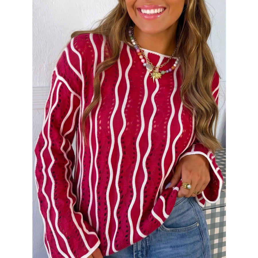 Wavy Detail Hollow Out Knit Long Sleeve Cotton Pullover Sweater Burgundy / S Apparel and Accessories