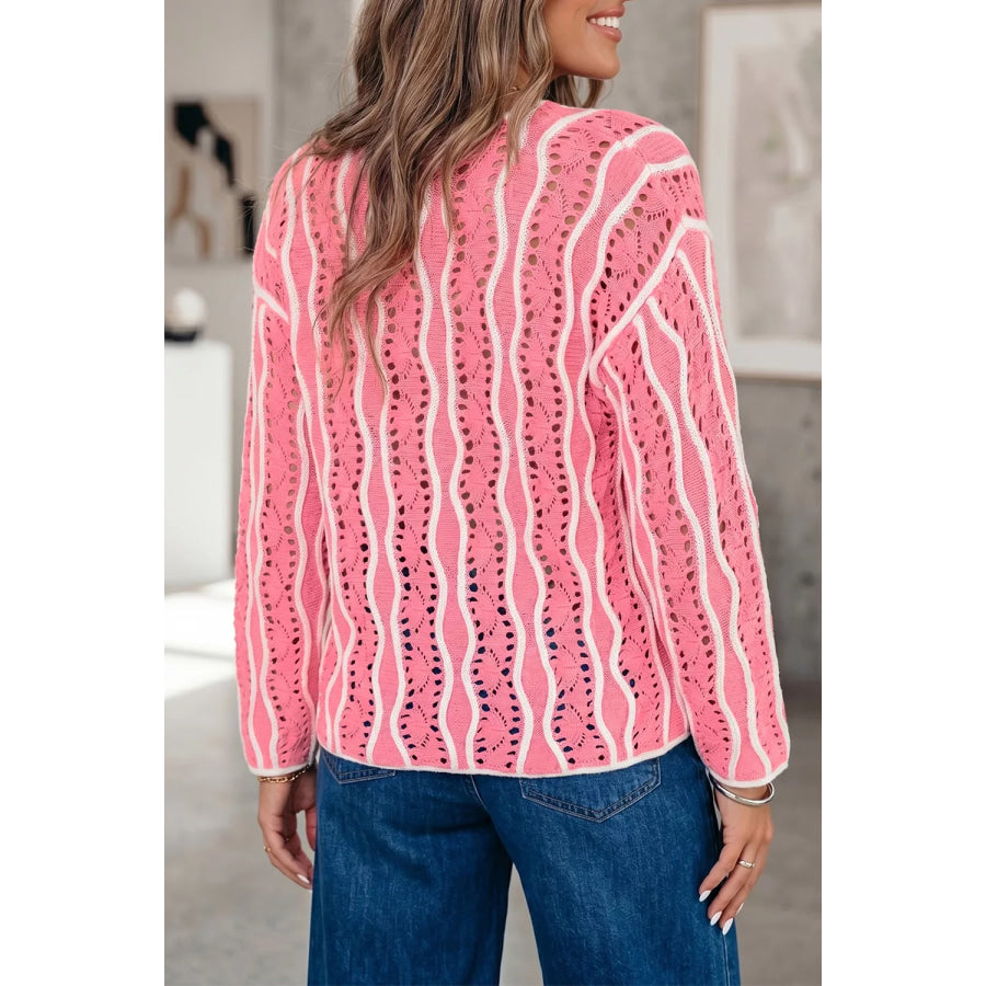 Wavy Detail Hollow Out Knit Long Sleeve Sweater Apparel and Accessories