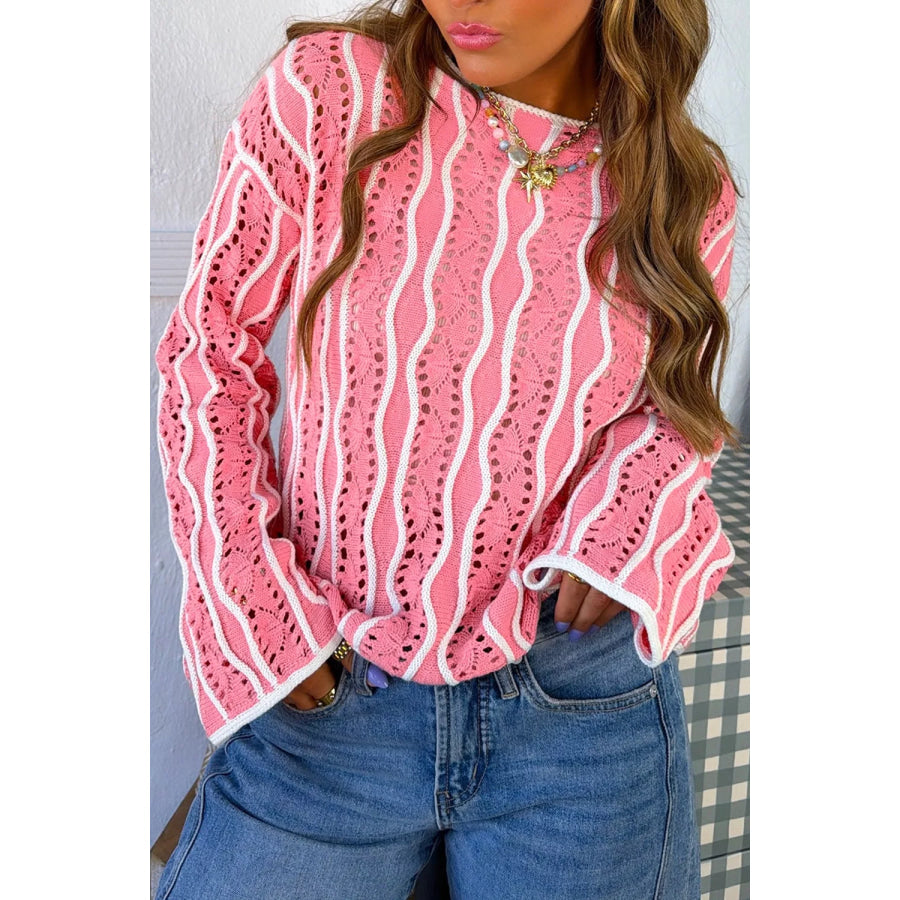 Wavy Detail Hollow Out Knit Long Sleeve Sweater Apparel and Accessories
