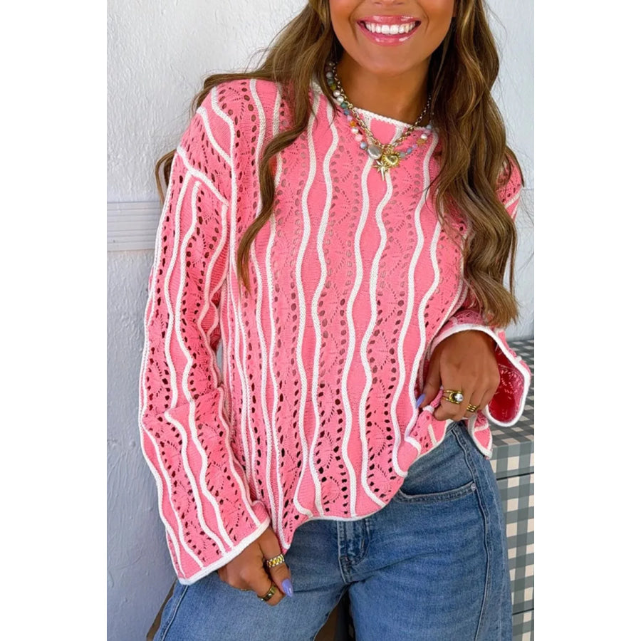 Wavy Detail Hollow Out Knit Long Sleeve Sweater Apparel and Accessories